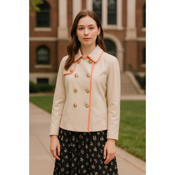 FOSSIL Tan Double Breasted Swingy Twill Pea Coat Jacket Tan & Coral Pink Small - Picture 1 of 10